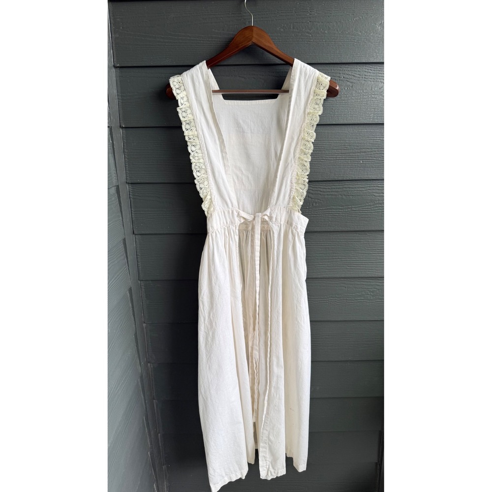 Handmade White Linen Cottagecore Prairie Apron Dress Lace Open Back One Size - Picture 5 of 10